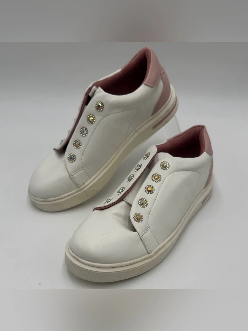 Sincerly Jules White Slip-On Sneakers with Dusty Rose Accents and Crystal Studs